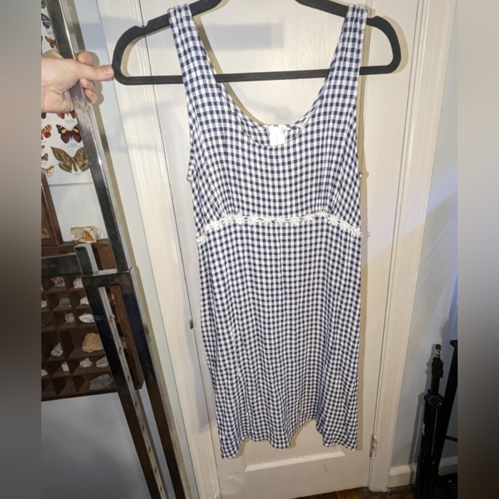 Navy And White Gingham Country Cottagecore  Floral Waist Dress